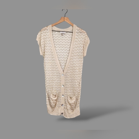 MNG Lurex Long Cardigan Beige Metallic Mango Suit Open Crochet Lace Sweater - Picture 1 of 17